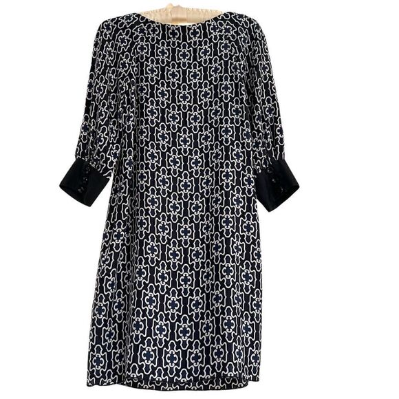 Milly New York Silk Long Sleeve Dress Black + Tan Medallion Pattern Size 0 - Picture 5 of 8